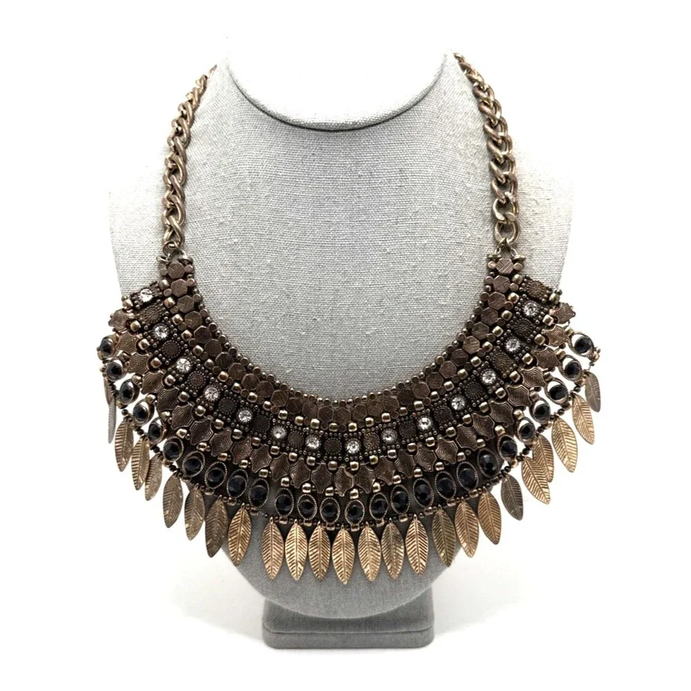 ALDO Boho Statement Bib Necklace Leaf Fringe Distressed Gold Tone Tribal Collar